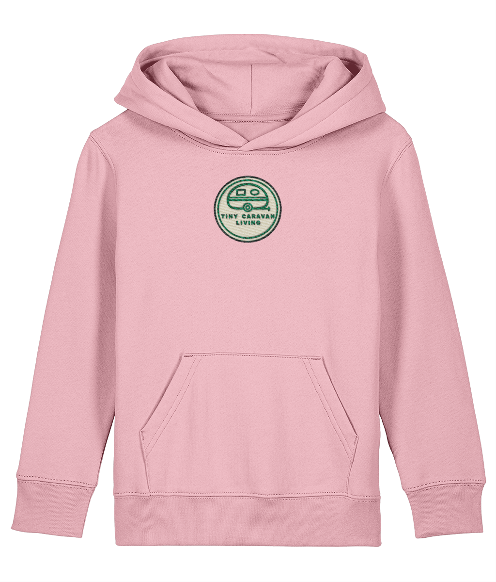 Tiny Caravan Living Signature Kids’ Hoodie in Cotton Pink with embroidered badge
