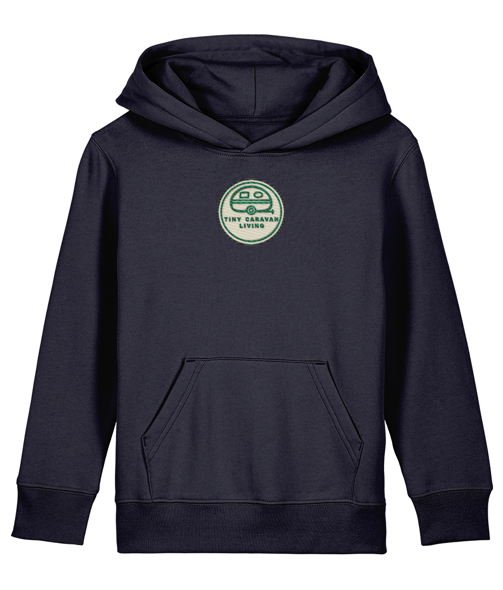 Tiny Caravan Living Signature Kids’ Hoodie in French Navy with embroidered badge