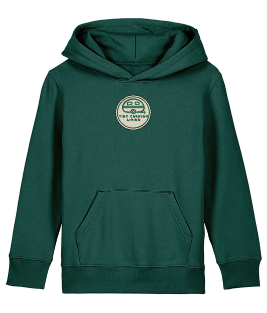Tiny Caravan Living Signature Kids’ Hoodie in Glazed Green with embroidered badge