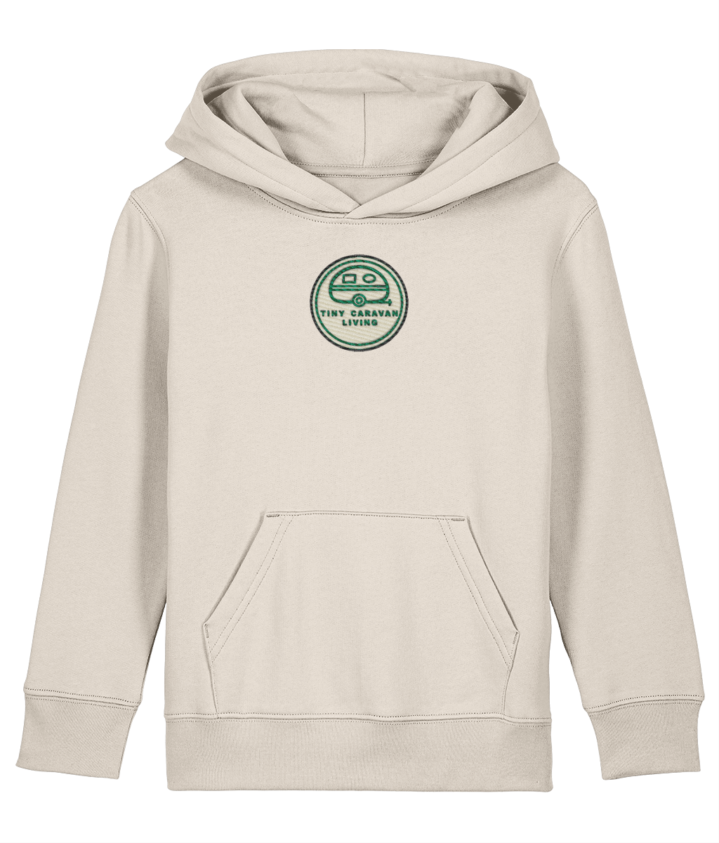 Tiny Caravan Living Signature Kids’ Hoodie in Natural Raw with embroidered badge