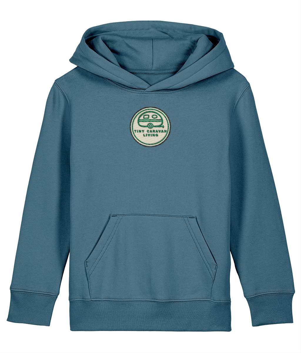 Tiny Caravan Living Signature Kids’ Hoodie in Stargazer blue with embroidered badge