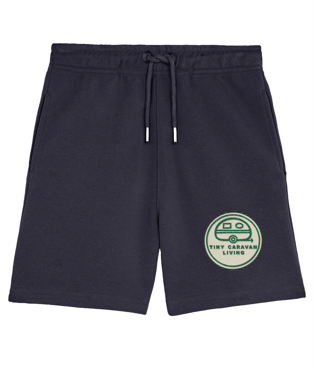 Tiny Caravan Living Signature Kids’ Shorts in French Navy with embroidered badge on the front left leg