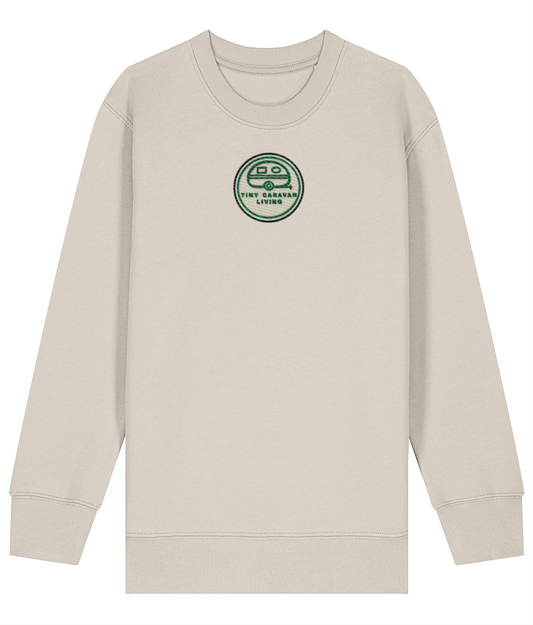Tiny Caravan Living Signature Kids’ Sweatshirt in Natural Raw with embroidered badge