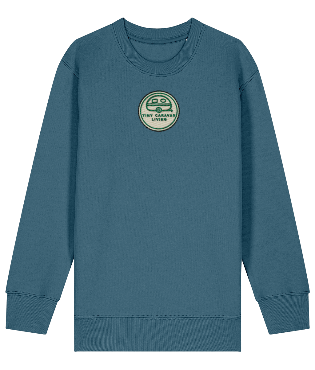 Tiny Caravan Living Signature Kids’ Sweatshirt in Stargazer blue with embroidered badge
