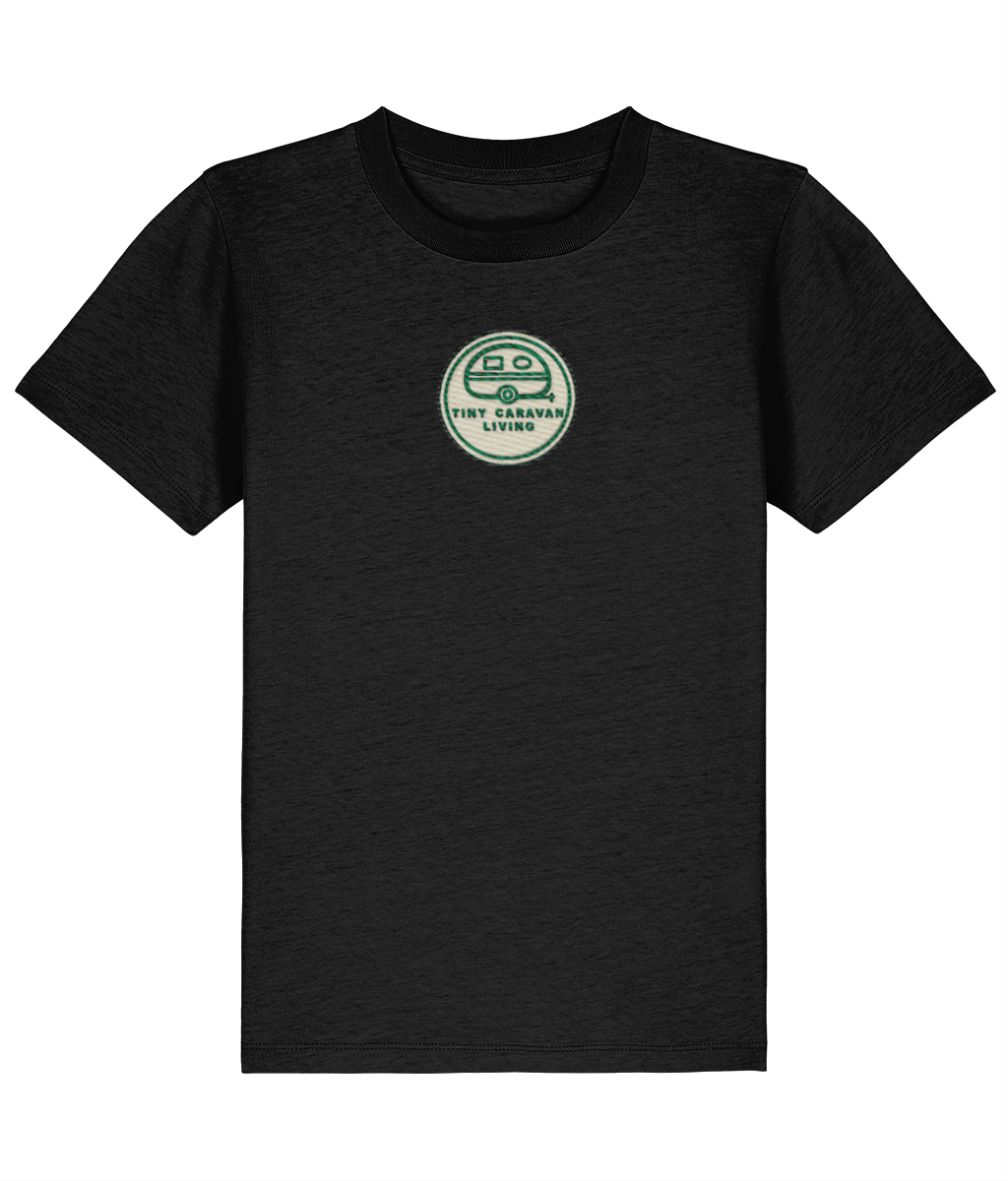 Tiny Caravan Living Signature Kids’ T-Shirt in Black with embroidered badge