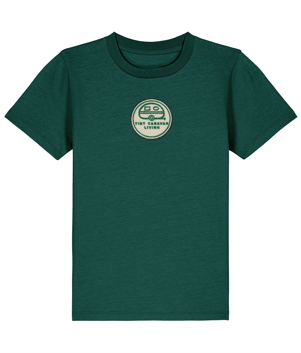 Tiny Caravan Living Signature Kids’ T-Shirt in Glazed Green with embroidered badge