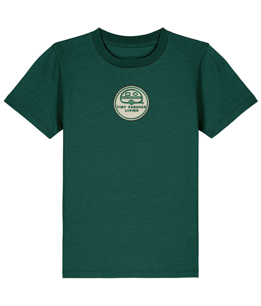 Tiny Caravan Living Signature Kids’ T-Shirt in Glazed Green with embroidered badge