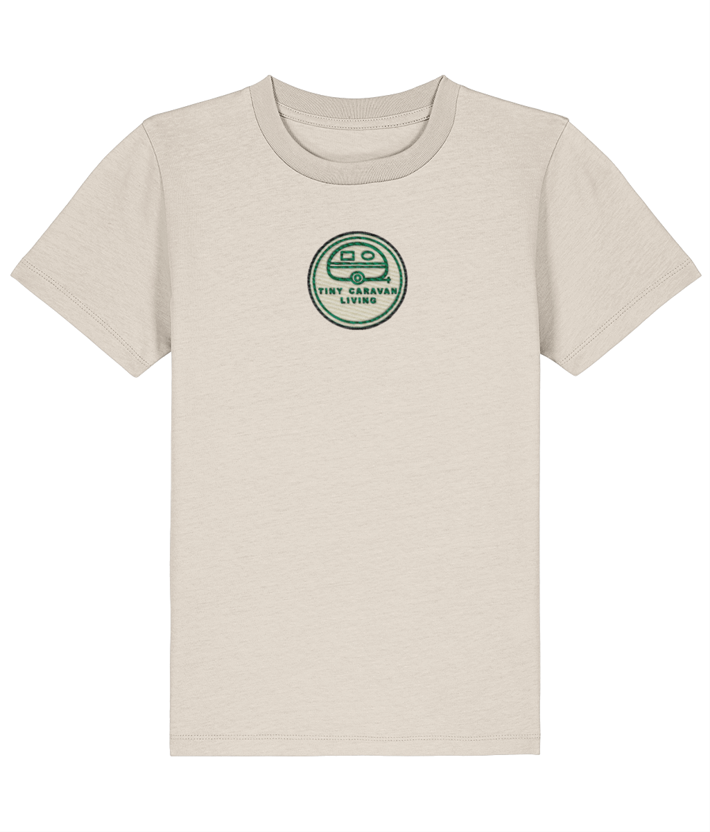 Tiny Caravan Living Signature Kids’ T-Shirt in Natural Raw with embroidered badge