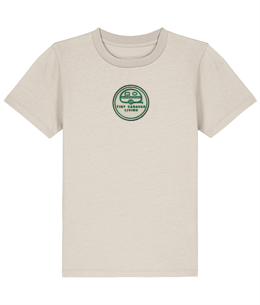 Tiny Caravan Living Signature Kids’ T-Shirt in Natural Raw with embroidered badge