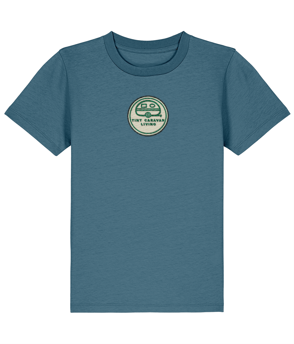 Tiny Caravan Living Signature Kids’ T-Shirt in Stargazer blue with embroidered badge