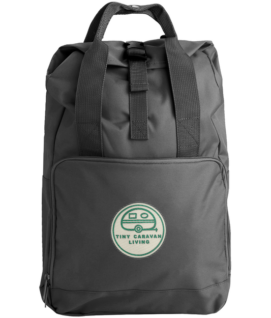 Tiny Caravan Living Signature Roll-Top Backpack in Black with embroidered signature badge