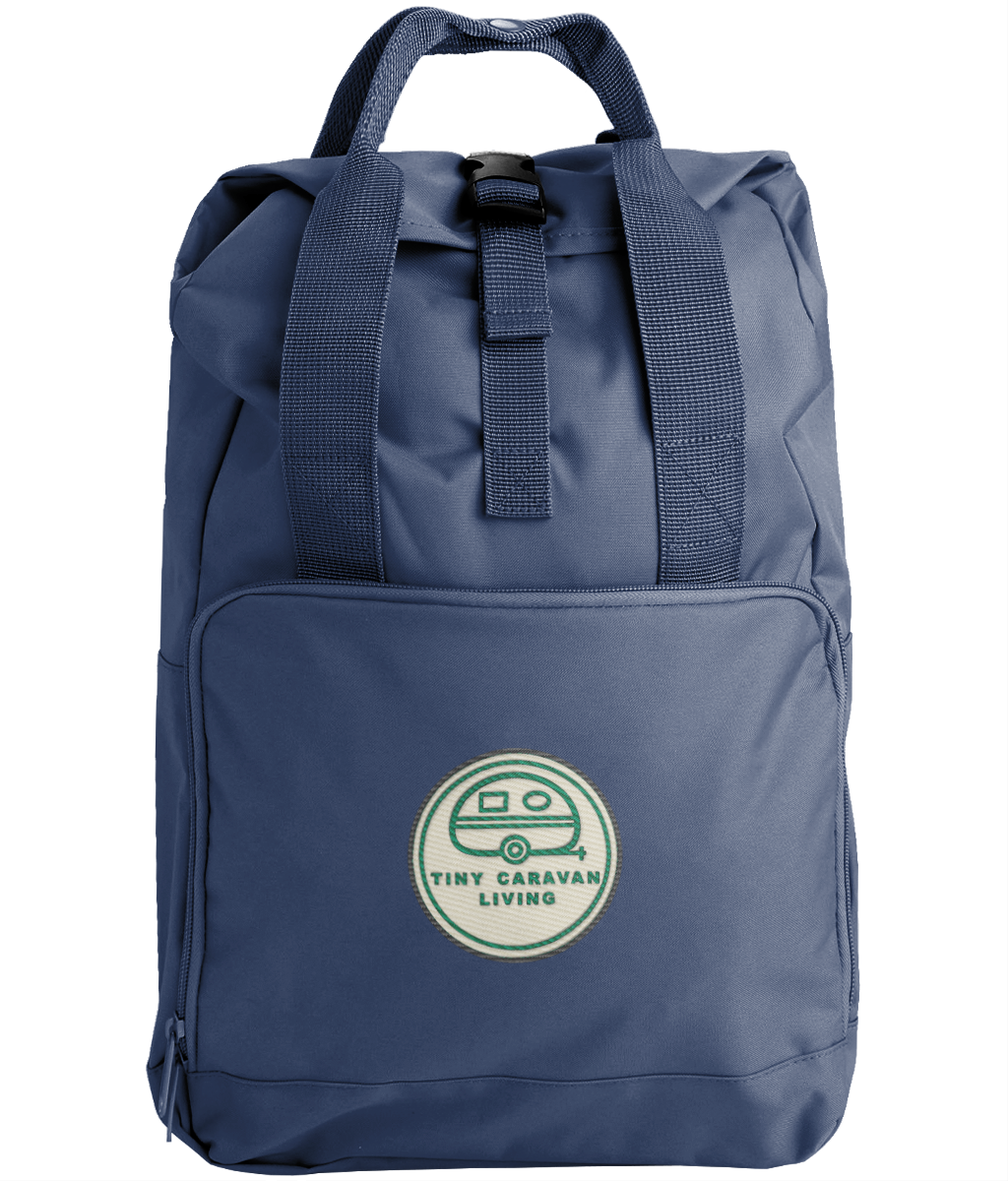 Tiny Caravan Living Signature Roll-Top Backpack in Navy Dusk with embroidered signature badge