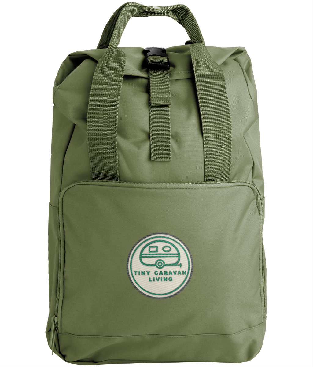 Tiny Caravan Living Signature Roll-Top Backpack in Olive Green with embroidered signature badge