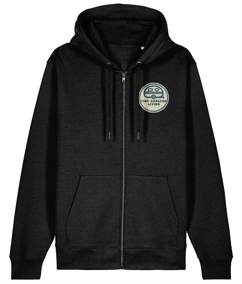 Tiny Caravan Living Signature Zip Hoodie in Black with embroidered badge