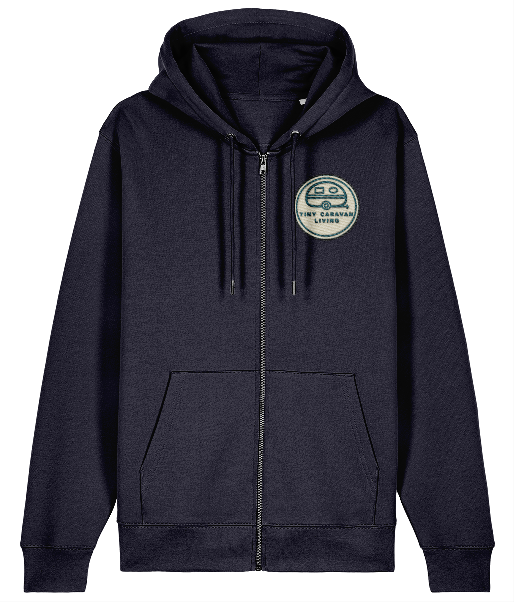 Tiny Caravan Living Signature Zip Hoodie in French Navy with embroidered badge