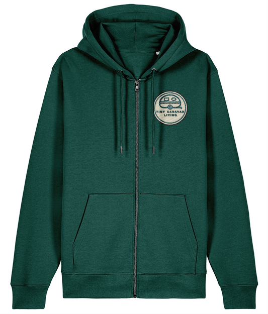 Tiny Caravan Living Signature Zip Hoodie in Glazed Green with embroidered badge
