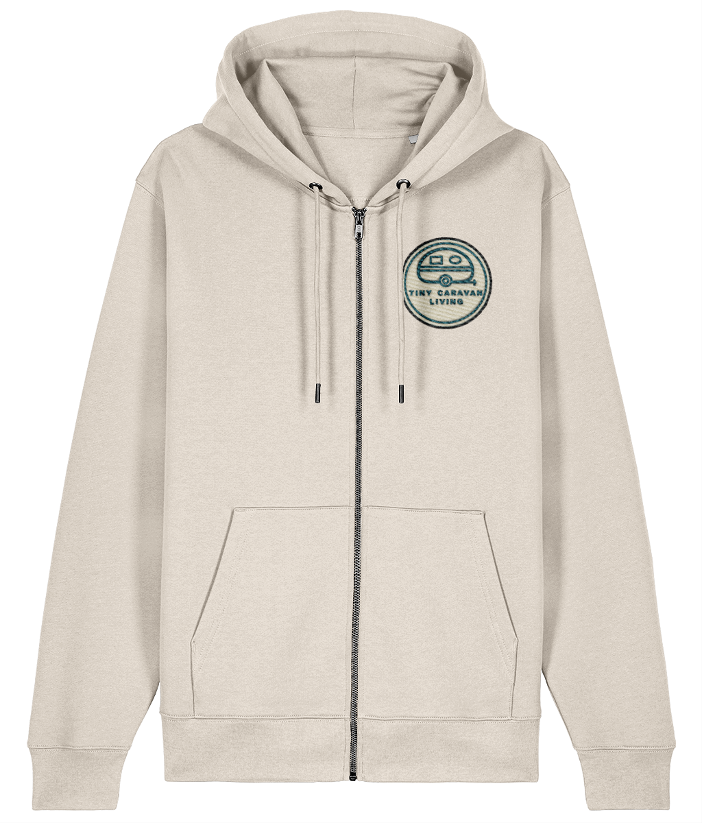 Tiny Caravan Living Signature Zip Hoodie in Natural Raw with embroidered badge